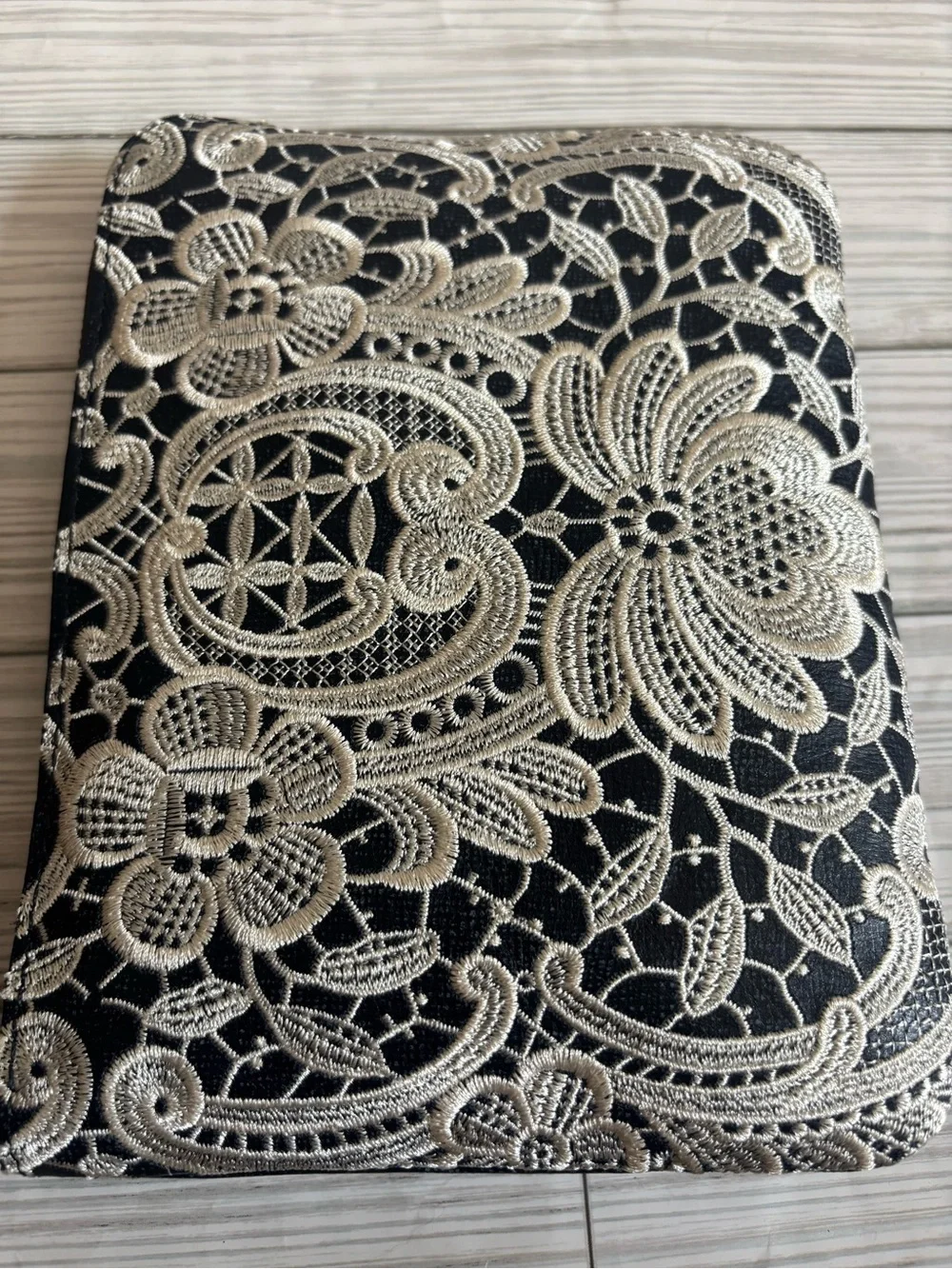 Patricia Nash Embroidered Navy Blue & Ivory Wristlet Clutch